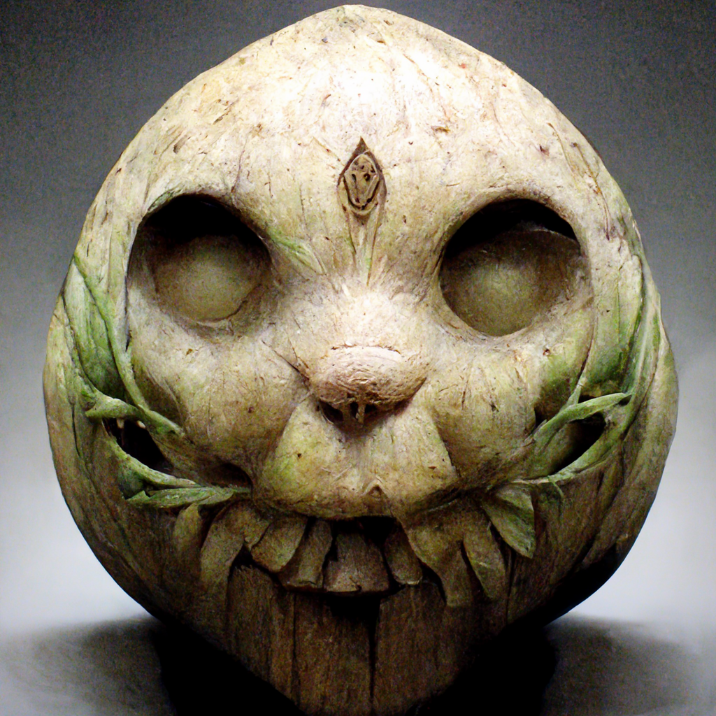 Weird carved turnip face with green leaf sprouts - Midjourney AI - by M R Kessell