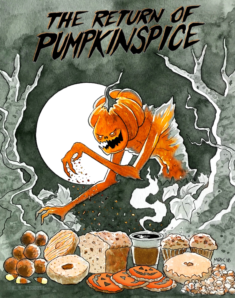 a pumpkin-headed monster called Pumpkinspice appears in the woods and sprinkles his orange spice mixture over an arrangement of pastries, cookies, and coffee in this ink and watercolor artwork
